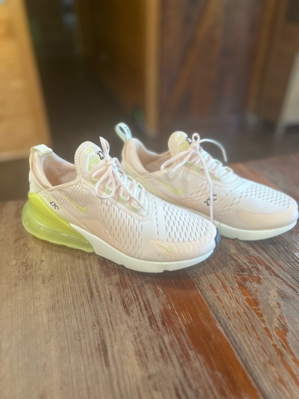 Nike Women's Air Max 270 Sneakers in Pale Pink with Lime Accent